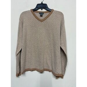 Cortina Men's V-Neck Knit Sweater Tan Brown Linen Blend Long Sleeve L